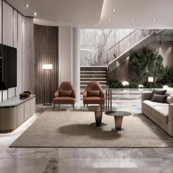 Distinguished DV Home Collection Stanley coffee table with a round marble top and slender stainless steel column in deep brown tones with a satin finish
