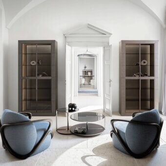 Elegant Giorgetti Clamp coffee table with a lacquered frame supporting painted glass surfaces in balanced design