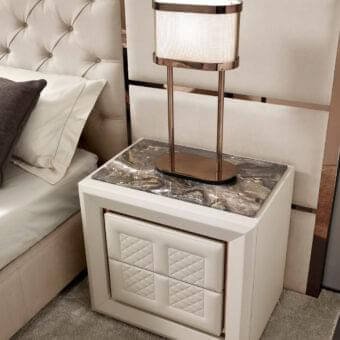 Superior DV Home Collection Adler nightstand crafted in Italy with white leather and swirling grey, brown, gold marble top with glossy finish
