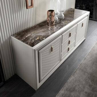 Exceptional DV Home Collection Adler sideboard with multilayer structure covered in white leather and contrasting marble top