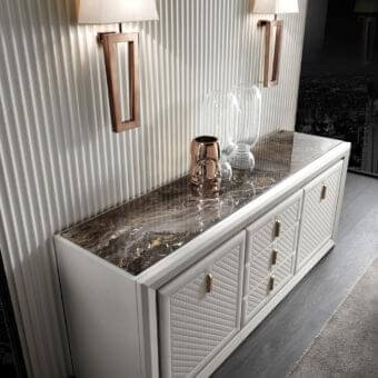 Distinguished DV Home Collection Adler sideboard with quilted light gray leather and glossy dark brown marble top