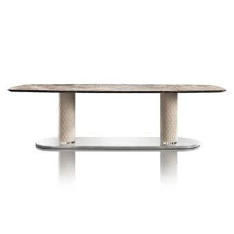 Distinguished DV Home Collection Adler table with light beige quilted leather columns and oval stainless steel base in a unique marble finish