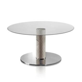 Superior DV Home Collection Adler table with refined extra white tempered glass and quilted leather column built with a polished stainless steel base