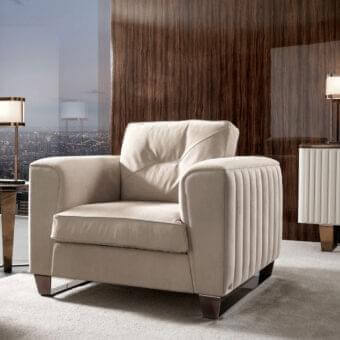 Distinguished DV Home Collection Beverly lounge chair with light beige textile upholstery and smooth finish crafted with solid wood and metal P19 feet
