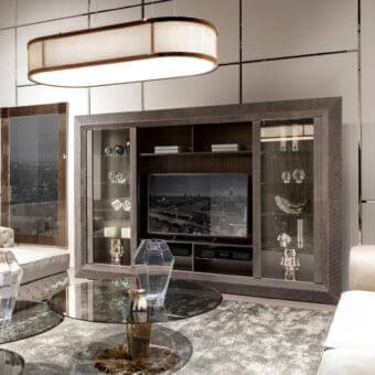 Superior DV Home Collection Byron TV cabinet with quilted leather and Ebano Macassar veneer in medium gray-brown finish