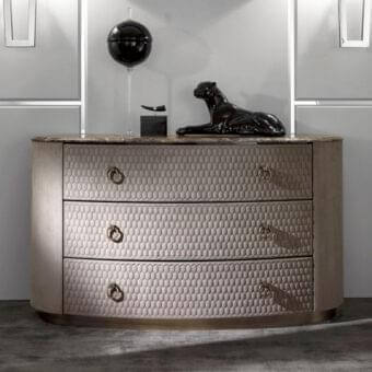 Distinguished DV Home Collection Charlotte dresser with light beige leather and cacao walnut, showcasing hexagon quilting