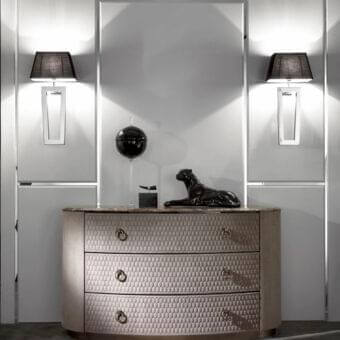 Distinguished DV Home Collection Charlotte dresser with light beige leather and hexagon quilting, built with a cacao walnut top