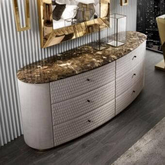 Lavish DV Home Collection Charlotte dresser with light beige textured leather and dark brown marble top
