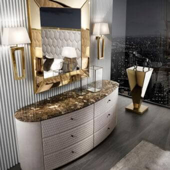 Distinguished DV Home Collection Charlotte dresser crafted in Italian leather with hexagon quilting and a brown beige marble top