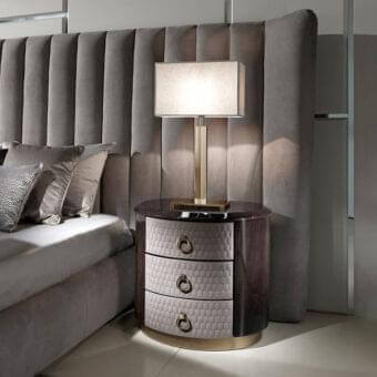 Exceptional DV Home Collection Charlotte nightstand with cacao walnut veneer and quilted light gray leather drawer fronts