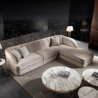 Lavish DV Home Collection Charlotte sectional with Italian design, light beige plush fabric upholstery and elegant quilting