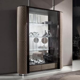 Lavish DV Home Collection Charlotte showcase with multilayer structure in ebony Macassar veneer and quilted light beige leather accents