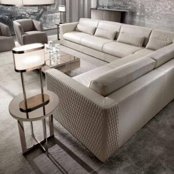 Distinguished DV Home Collection Cooper sectional with light beige textile upholstery and quilted diamond pattern covering