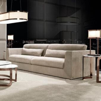 Distinguished DV Home Collection Cooper sofa crafted in Italy with light beige textile upholstery and smooth matte finish