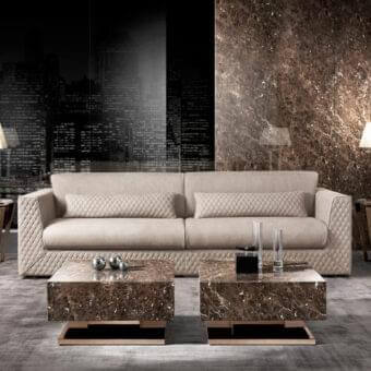 Distinguished DV Home Collection Cooper sofa built in Italy with light beige fabric and quilted detailing including lumbar cushions