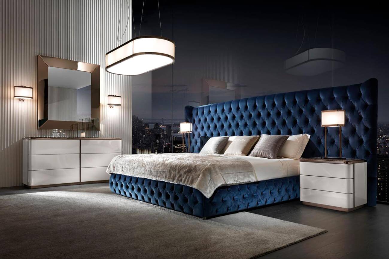Superior DV Home Collection Vogue Maxi bed with multilayer structure upholstered in rich blue fabric and tufted detailing