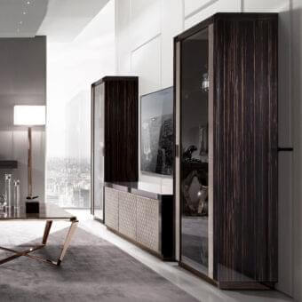 Distinguished DV Home Collection Envy showcase with honey-comb structure in ebony Macassar veneer and tempered glass shelves