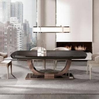 Elegant DV Home Collection Heritage table with cacao walnut veneer wood and curved, lighter tone supports in glossy finish