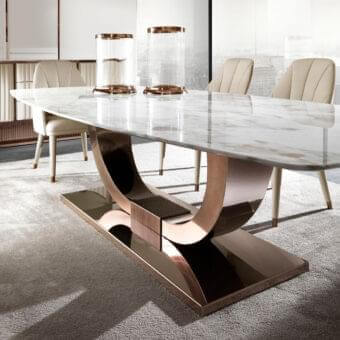 Superior DV Home Collection Heritage table with glossy white and grey marble top and reflective rose-gold stainless steel base