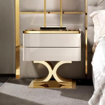 Elegant DV Home Collection Kent nightstand with glossy lacquered structure and noce canaletto wood, resting on a gold finished stainless steel base