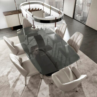 Innovative DV Home Collection Kent Plus suite table with an X shape stainless steel base and smoke tempered glass top