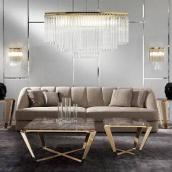 Superior DV Home Collection coffee table with glossy dark brown surface and golden reflective metal base