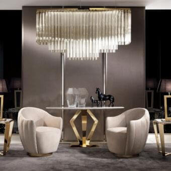 Superior DV Home Collection Vogue rug handwoven in Italy with white viscose and geometric gold-colored metal base