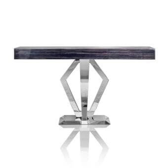 Innovative DV Home Collection Deco console with honey-comb top in Ebano Macassar and stainless steel base, gloss finish