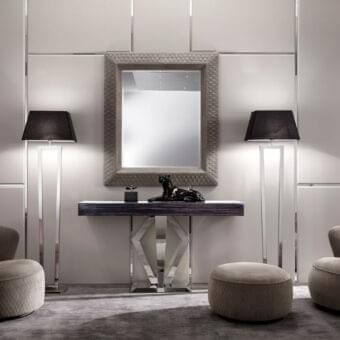 Distinguished DV Home Collection Deco console with honey-comb Ebano Macassar top and innovative stainless steel base in glossy finish