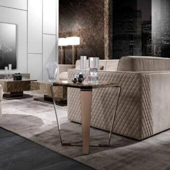 Superior DV Home Collection Deco side table with polished brown stone-like top and satin rose gold steel legs