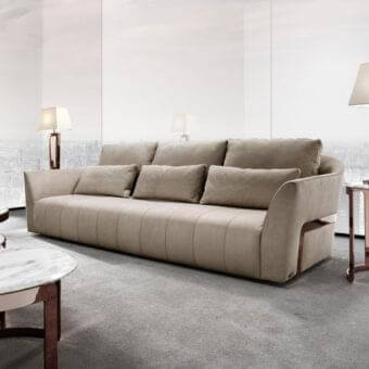 Distinguished DV Home Collection Deco sofa with light beige textile upholstery and bronze finished steel frame