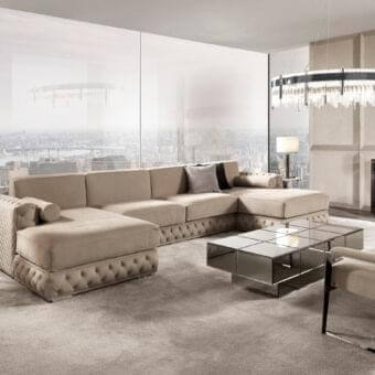 Superior DV Home Collection sectional with light beige velvet upholstery and refined tufted cover crafted in Italy