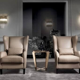 Distinguished DV Home Collection Windsor lounge chair in light beige textile with Cacao Walnut finished solid wood feet