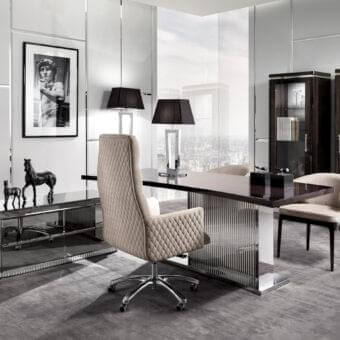 Distinguished DV Home Collection Windsor office armchair with quilted light beige fabric and five point swivel aluminum base