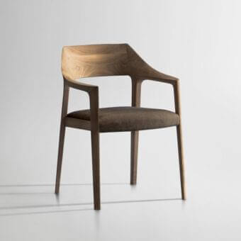 Distinguished Potocco Scheggia armchair with solid ash wood structure and dark mottled brown textile upholstery with matte finish