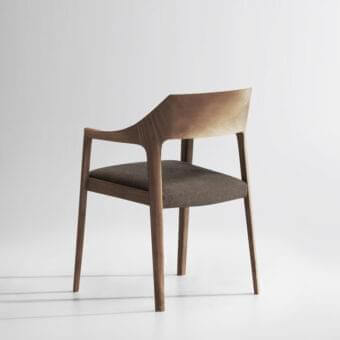 Innovative Potocco Scheggia armchair with solid ash wood and patterned textile upholstery in brown tones with a matte finish