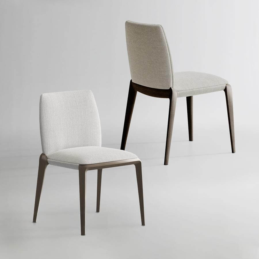 Potocco game chairs, beige textured fabric, rectangular backrest with dark brown tapered wood legs, studio shot.
