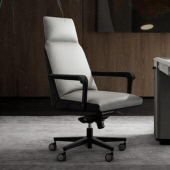 Distinguished 4 Mariani Flora armchair with light grey leather upholstery and dark curved plywood frame built on a five-star metal base