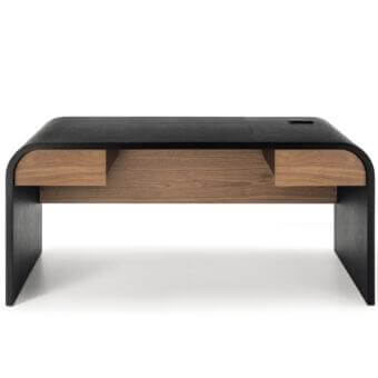 Exceptional 4 Mariani Nami desk built with curved dark saddle leather and veneered wood drawer with hidden wireless charging