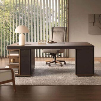 Exclusive 4 Mariani Noah desk crafted in Italy with black walnut wood and saddle leather writing pad with matte finish