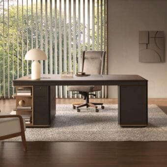 Refined 4 Mariani Noah desk with dark brown wood veneer and saddle leather, built with black walnut drawers and a gold accent