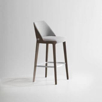 Sophisticated Potocco Velis stool with light gray upholstery and ash wood in a medium brown finish