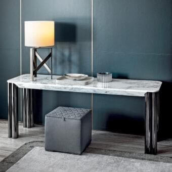 Exclusive Rugiano Forest console with rectangular marble top and skillfully welded metallic cylindrical legs in glossy white and dark finish