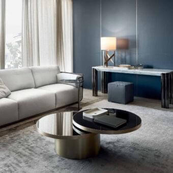 Exclusive Rugiano Forest console with rectangular marble top and glossy chrome metallic legs crafted in Italy