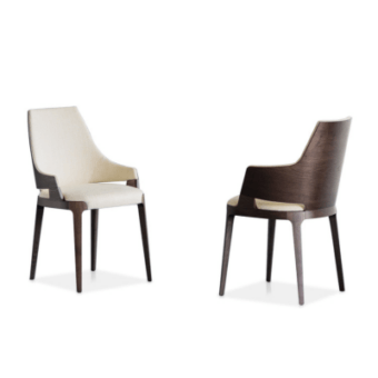 Elegant Potocco Velis Wood armchair with cream textile and dark-toned ash wood frame built with geometric cutouts