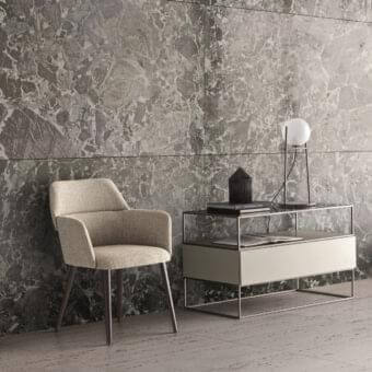 Exclusive Ditre Italia Archie armchair with overlapping volumes upholstered in light beige textured fabric and dark brown wooden legs