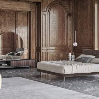 Elegant Ditre Italia Chloè bed with pleating and delicate metal legs in muted brown fabric with a smooth matte finish