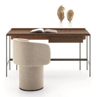 Distinguished Ditre Italia Unit desk with medium-toned wood surface and dark matte metal frame crafted in Italy with integrated drawer and leather panel