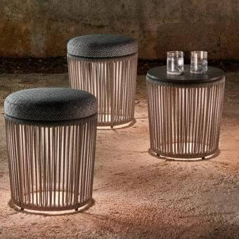 Sophisticated Varaschin Tibidabo side table with woven cylindrical frame and dark gray HPL top crafted in aluminum
