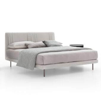 Distinguished Ditre Italia Chloè bed with light gray woven upholstery and refined vertical pleating on the headboard crafted with matte metal legs